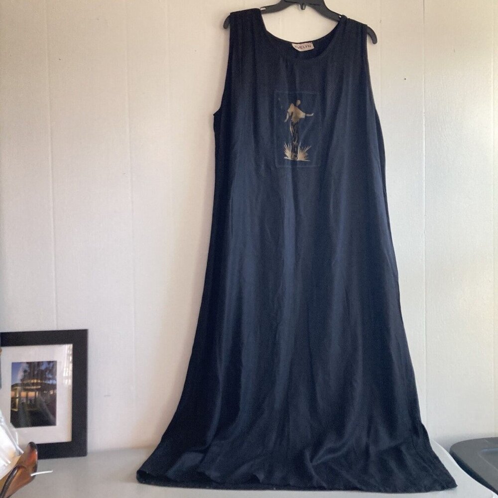 Evelyn Black Sleeveless Midi Dress Lagenlook Hi Vent Sides 46”